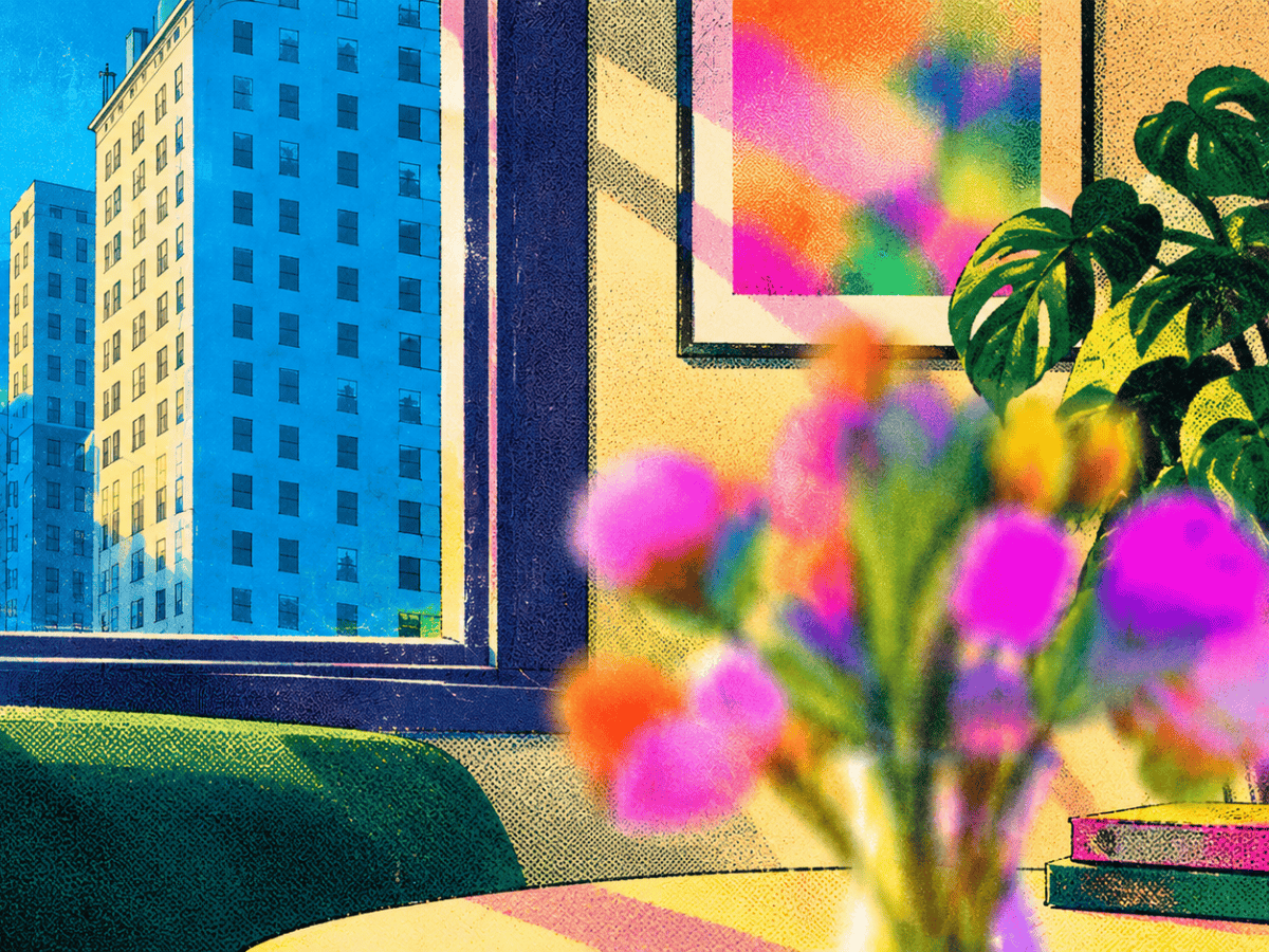 Illustrated apartment interior with pink and orange flowers, a monstera plant, and tall city buildings through the window